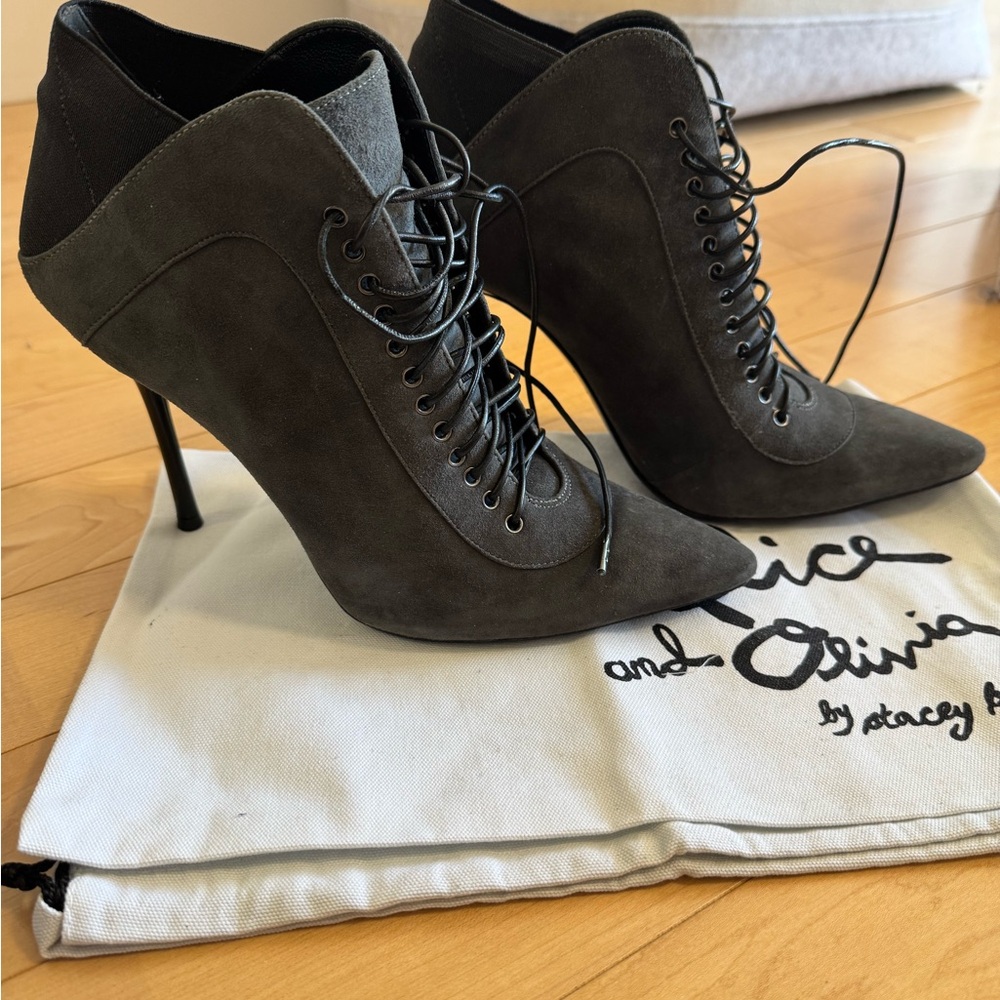 Alice + Olivia Charcoal Lace-Up Heels